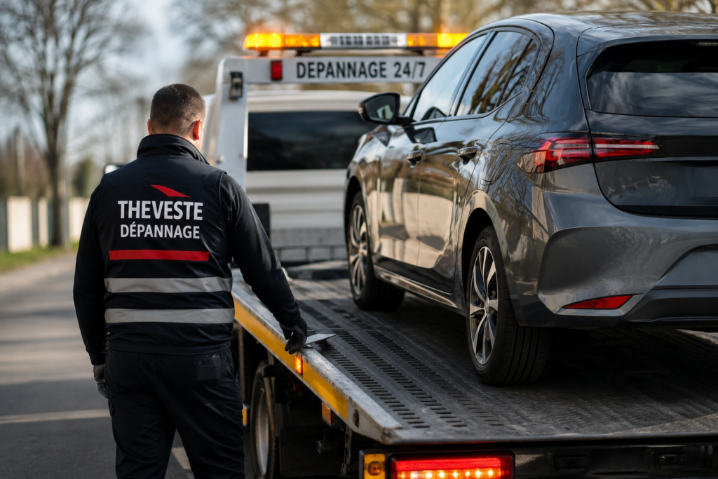 Dépanneur de THEVESTE DÉPANNAGE en tenue de travail supervisant le chargement d'une voiture grise sur un camion de remorquage équipé de gyrophares, lors d'une intervention de dépannage automobile en journée à Bordeaux.